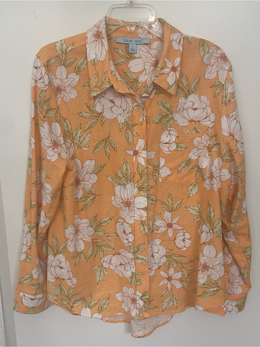 Blue Sol Floral Button Front Blouse Women’s Large Peach Long Sleeve Shirt Top